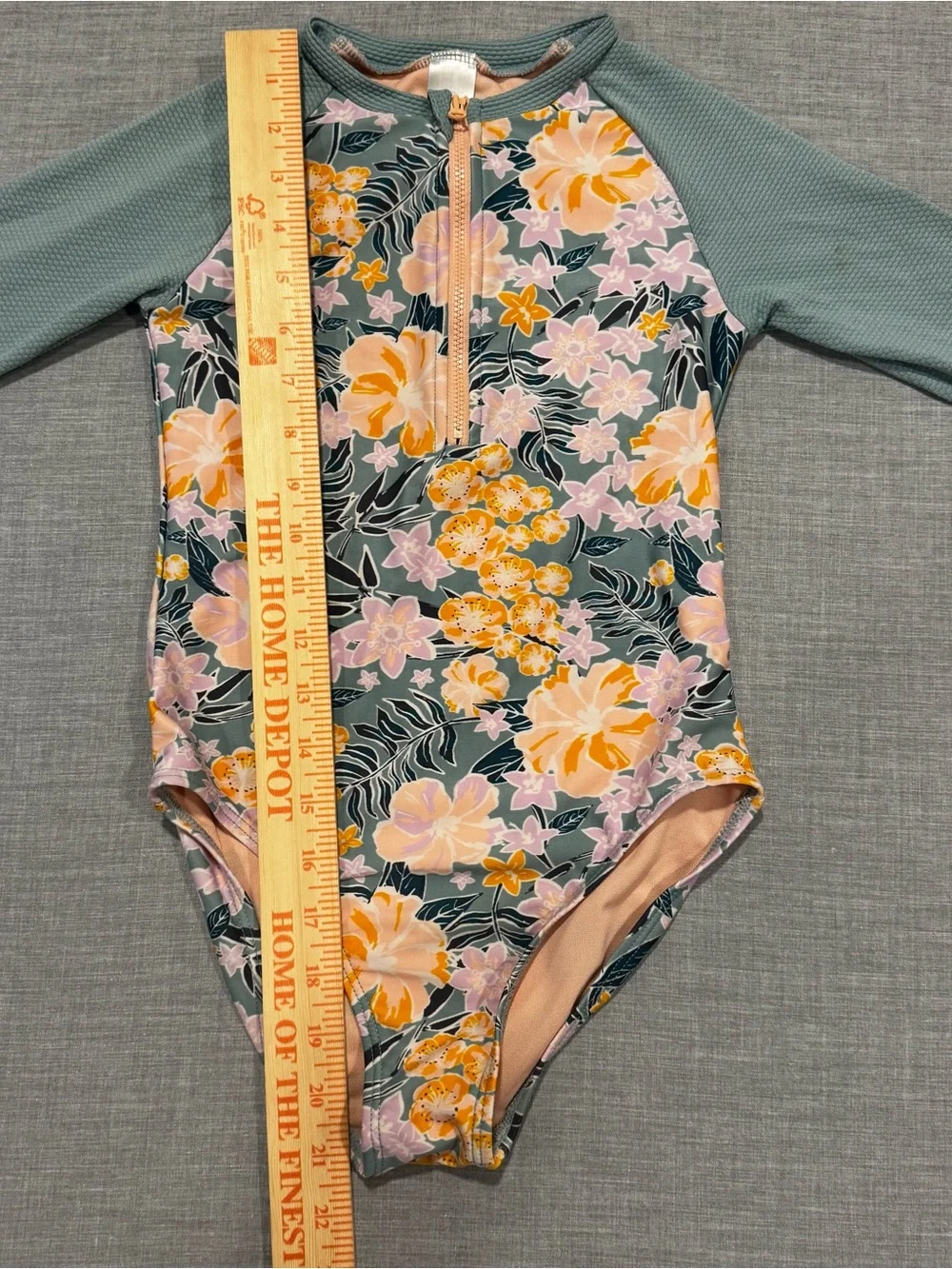 Cat & Jack Girls One-Piece Swimsuit Size M 7-8 Green Floral Long Sleeve UPF